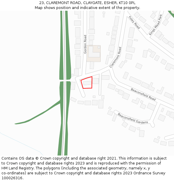 23, CLAREMONT ROAD, CLAYGATE, ESHER, KT10 0PL: Location map and indicative extent of plot