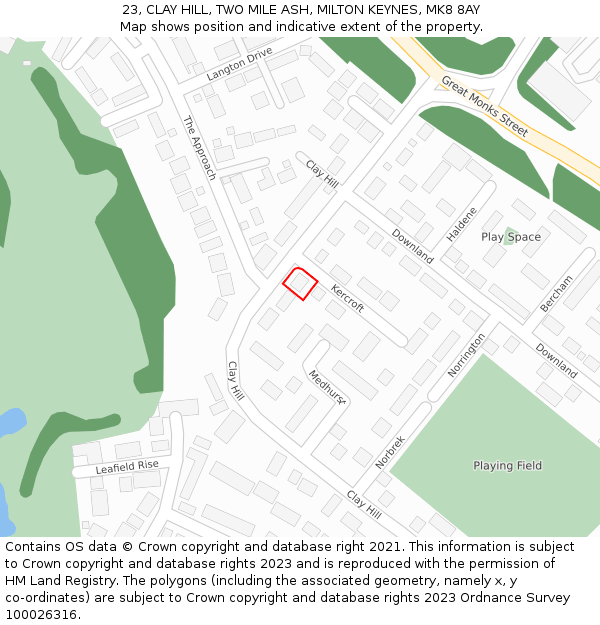 23, CLAY HILL, TWO MILE ASH, MILTON KEYNES, MK8 8AY: Location map and indicative extent of plot