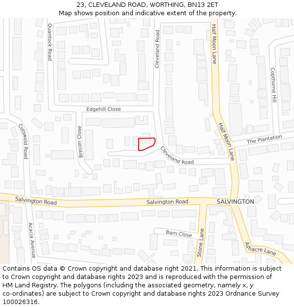 23, CLEVELAND ROAD, WORTHING, BN13 2ET: Location map and indicative extent of plot