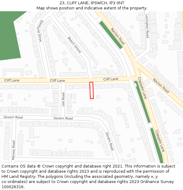 23, CLIFF LANE, IPSWICH, IP3 0NT: Location map and indicative extent of plot