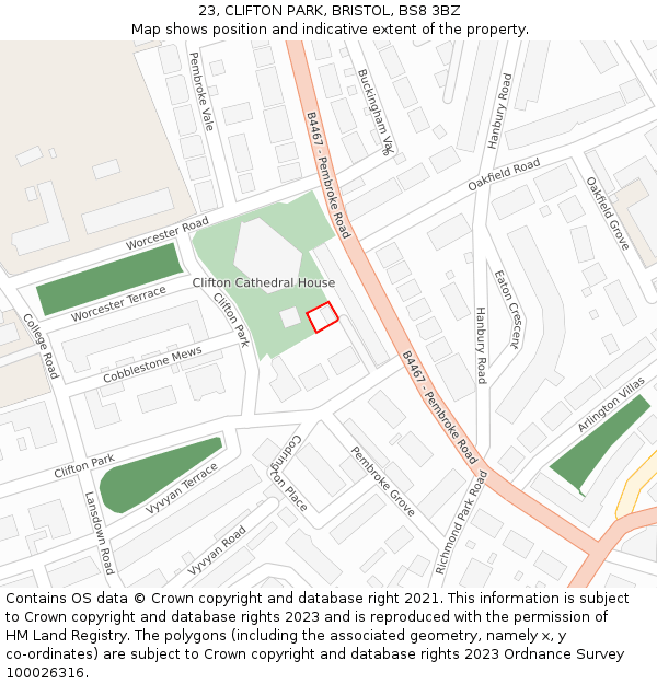 23, CLIFTON PARK, BRISTOL, BS8 3BZ: Location map and indicative extent of plot