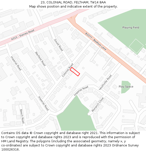 23, COLONIAL ROAD, FELTHAM, TW14 8AA: Location map and indicative extent of plot