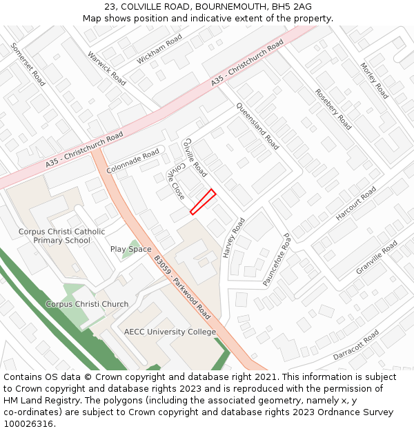 23, COLVILLE ROAD, BOURNEMOUTH, BH5 2AG: Location map and indicative extent of plot