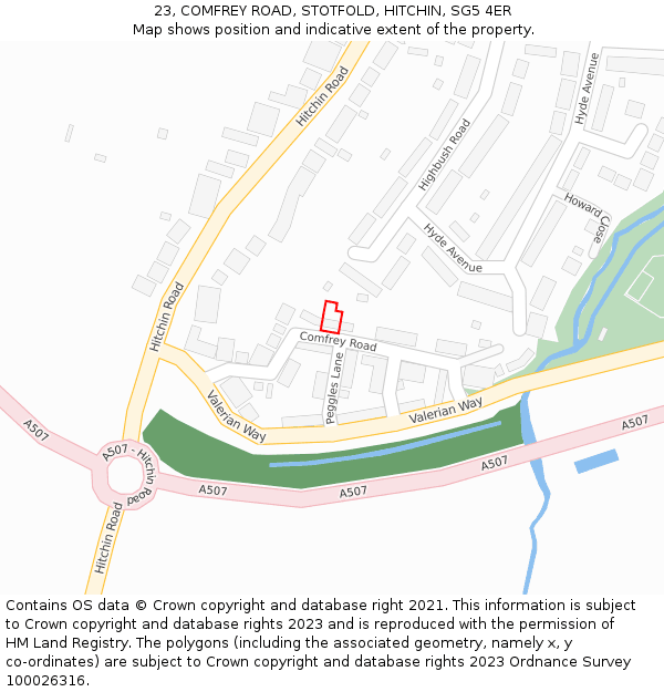 23, COMFREY ROAD, STOTFOLD, HITCHIN, SG5 4ER: Location map and indicative extent of plot