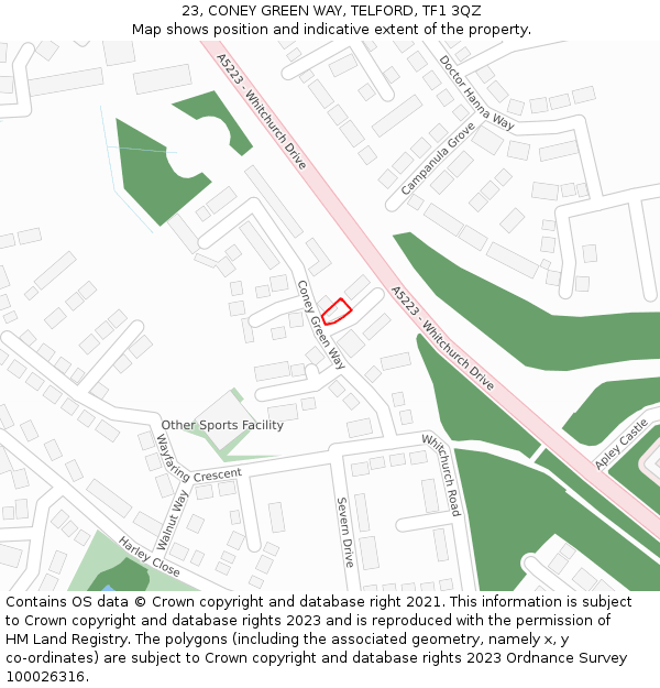 23, CONEY GREEN WAY, TELFORD, TF1 3QZ: Location map and indicative extent of plot