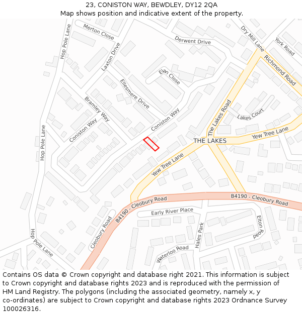 23, CONISTON WAY, BEWDLEY, DY12 2QA: Location map and indicative extent of plot