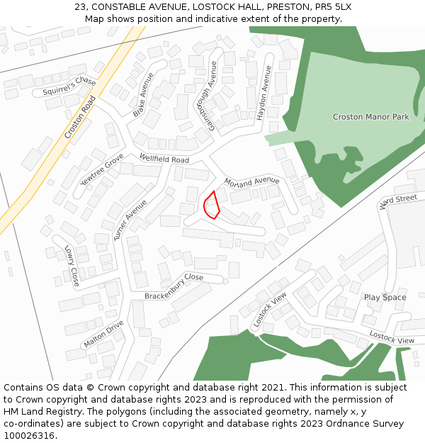 23, CONSTABLE AVENUE, LOSTOCK HALL, PRESTON, PR5 5LX: Location map and indicative extent of plot