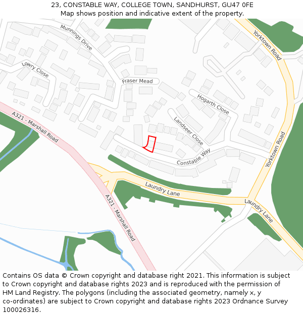 23, CONSTABLE WAY, COLLEGE TOWN, SANDHURST, GU47 0FE: Location map and indicative extent of plot