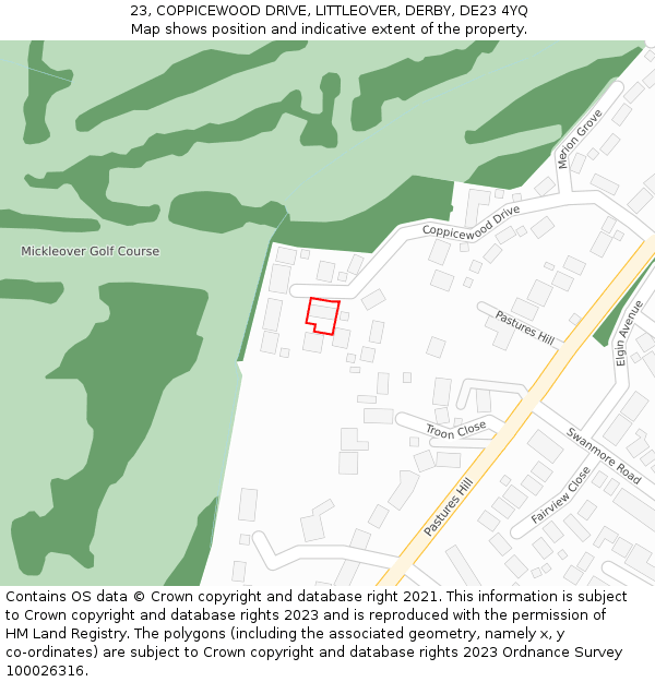 23, COPPICEWOOD DRIVE, LITTLEOVER, DERBY, DE23 4YQ: Location map and indicative extent of plot