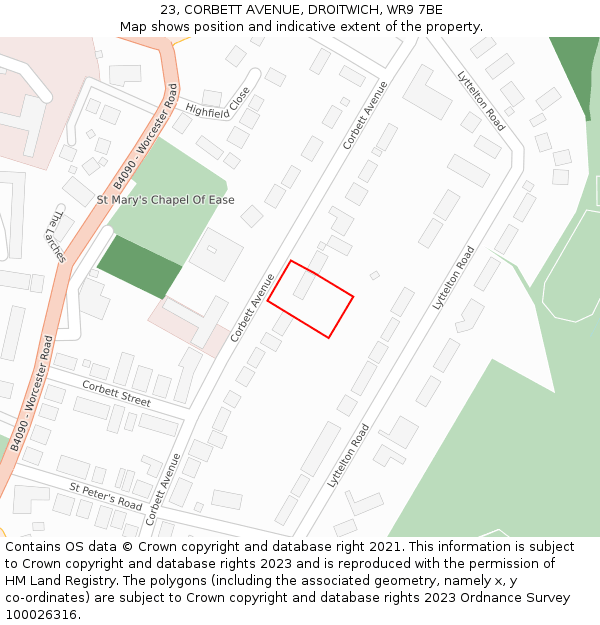 23, CORBETT AVENUE, DROITWICH, WR9 7BE: Location map and indicative extent of plot
