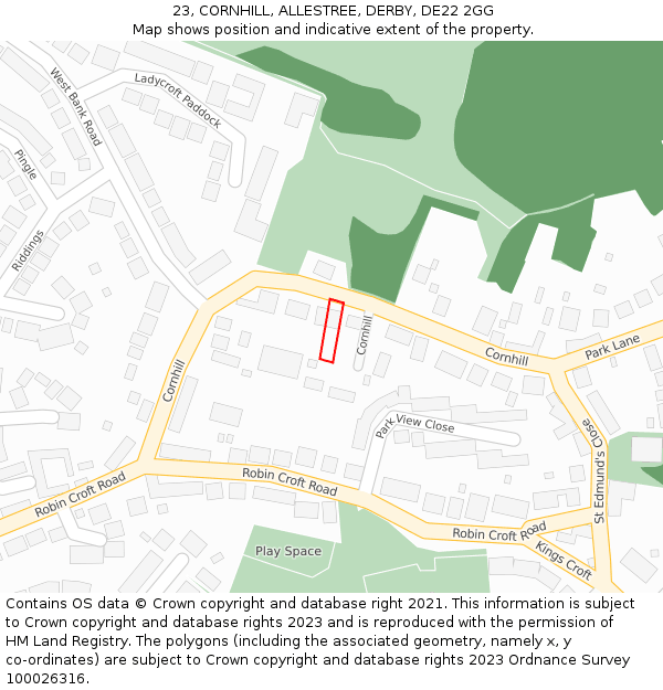 23, CORNHILL, ALLESTREE, DERBY, DE22 2GG: Location map and indicative extent of plot