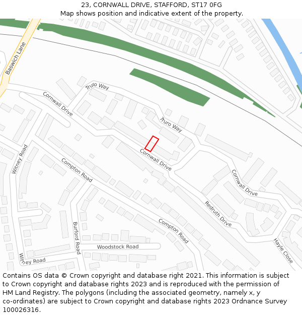 23, CORNWALL DRIVE, STAFFORD, ST17 0FG: Location map and indicative extent of plot