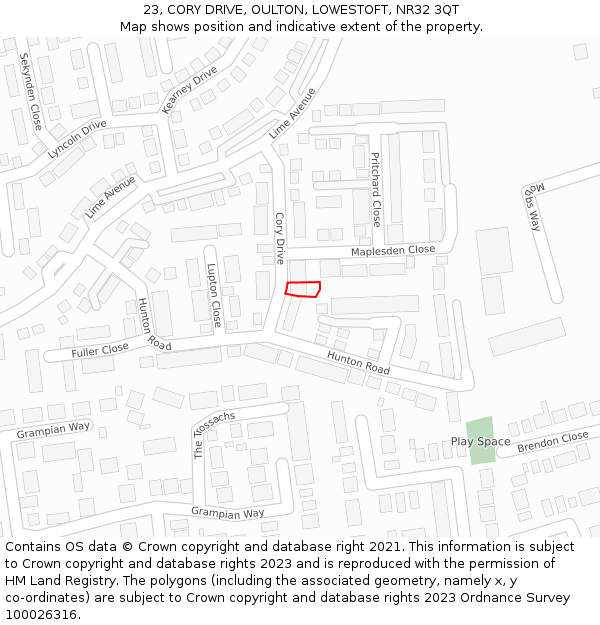 23, CORY DRIVE, OULTON, LOWESTOFT, NR32 3QT: Location map and indicative extent of plot