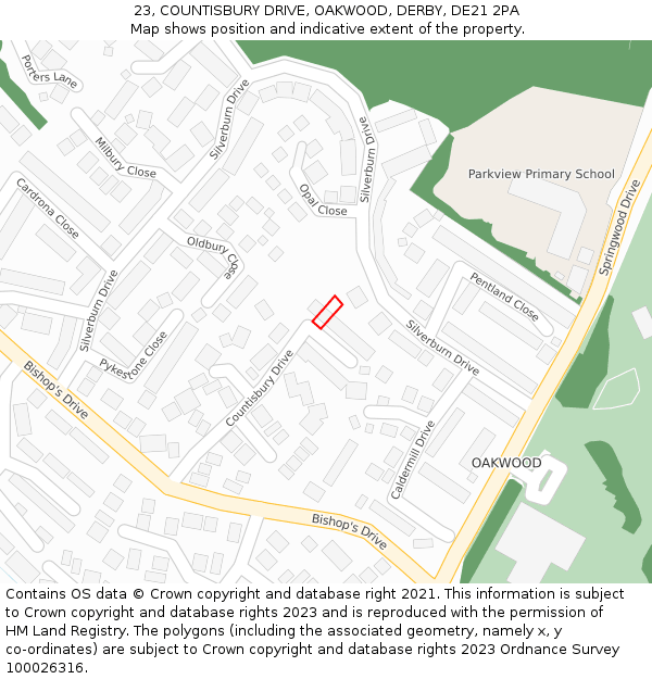 23, COUNTISBURY DRIVE, OAKWOOD, DERBY, DE21 2PA: Location map and indicative extent of plot