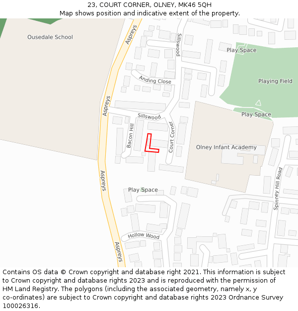 23, COURT CORNER, OLNEY, MK46 5QH: Location map and indicative extent of plot