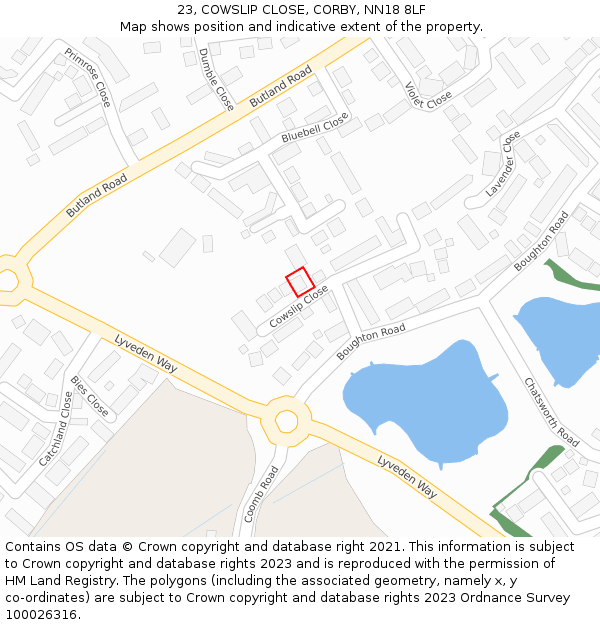23, COWSLIP CLOSE, CORBY, NN18 8LF: Location map and indicative extent of plot