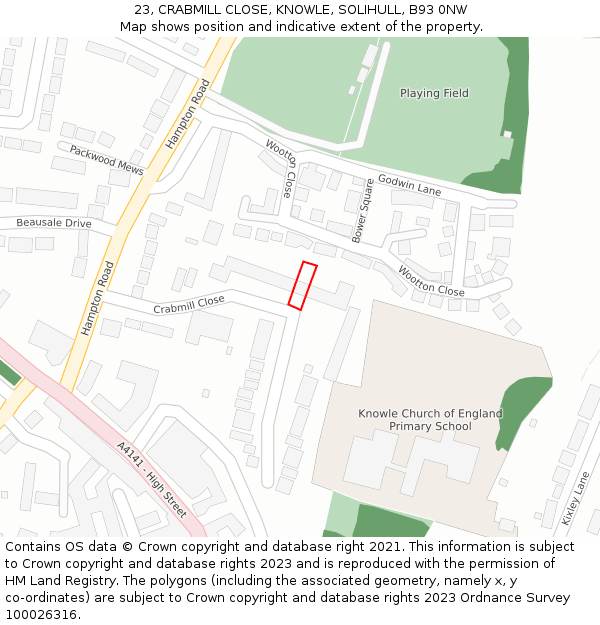 23, CRABMILL CLOSE, KNOWLE, SOLIHULL, B93 0NW: Location map and indicative extent of plot