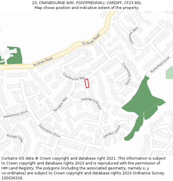 23, CRANBOURNE WAY, PONTPRENNAU, CARDIFF, CF23 8SL: Location map and indicative extent of plot