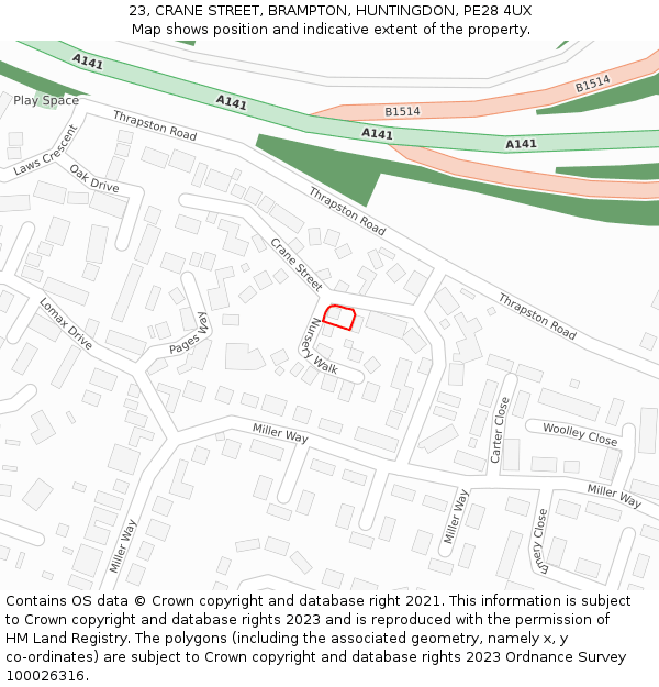 23, CRANE STREET, BRAMPTON, HUNTINGDON, PE28 4UX: Location map and indicative extent of plot