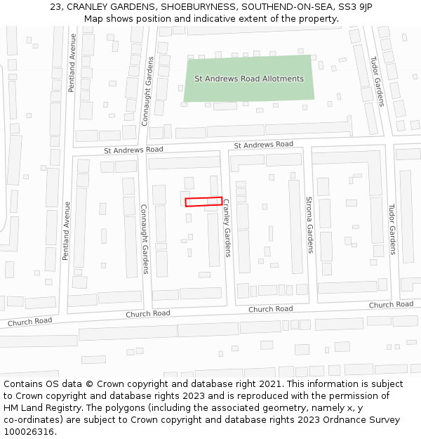 23, CRANLEY GARDENS, SHOEBURYNESS, SOUTHEND-ON-SEA, SS3 9JP: Location map and indicative extent of plot