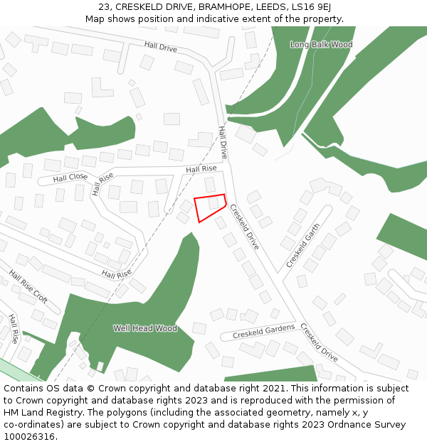 23, CRESKELD DRIVE, BRAMHOPE, LEEDS, LS16 9EJ: Location map and indicative extent of plot