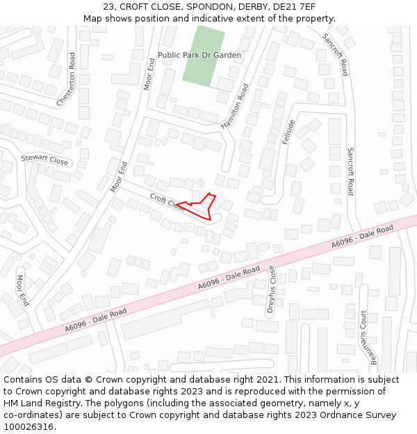 23, CROFT CLOSE, SPONDON, DERBY, DE21 7EF: Location map and indicative extent of plot