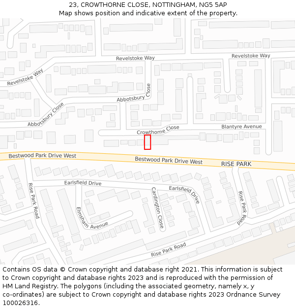 23, CROWTHORNE CLOSE, NOTTINGHAM, NG5 5AP: Location map and indicative extent of plot