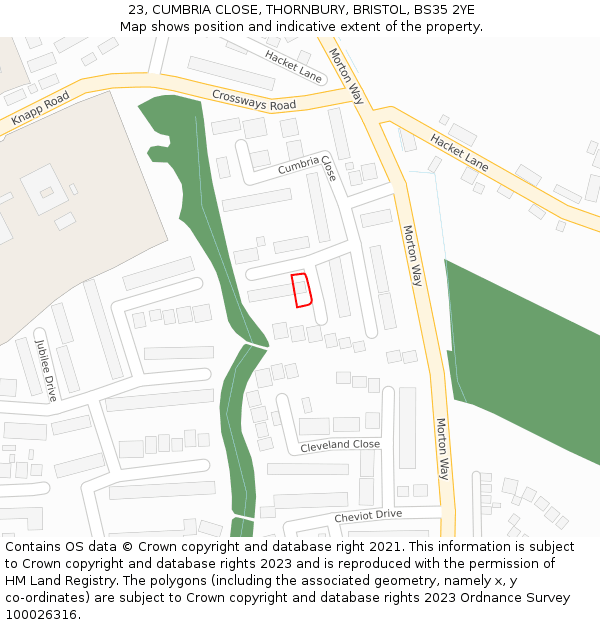 23, CUMBRIA CLOSE, THORNBURY, BRISTOL, BS35 2YE: Location map and indicative extent of plot