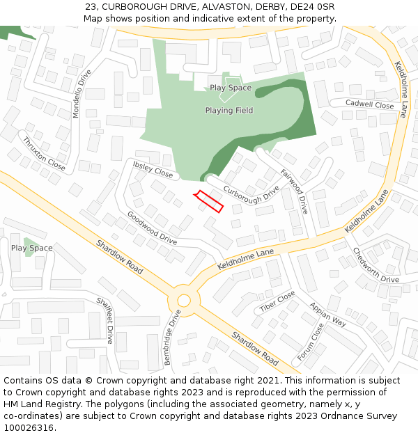 23, CURBOROUGH DRIVE, ALVASTON, DERBY, DE24 0SR: Location map and indicative extent of plot