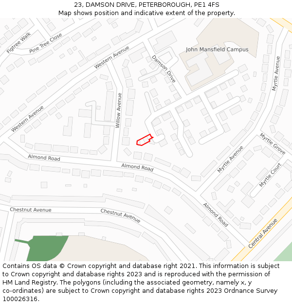 23, DAMSON DRIVE, PETERBOROUGH, PE1 4FS: Location map and indicative extent of plot