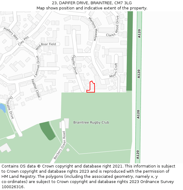 23, DAPIFER DRIVE, BRAINTREE, CM7 3LG: Location map and indicative extent of plot