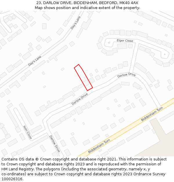 23, DARLOW DRIVE, BIDDENHAM, BEDFORD, MK40 4AX: Location map and indicative extent of plot