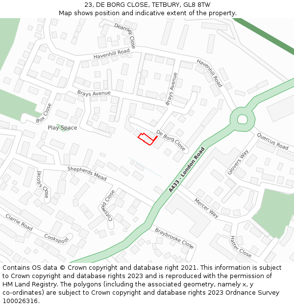 23, DE BORG CLOSE, TETBURY, GL8 8TW: Location map and indicative extent of plot
