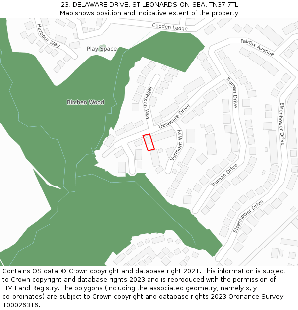 23, DELAWARE DRIVE, ST LEONARDS-ON-SEA, TN37 7TL: Location map and indicative extent of plot