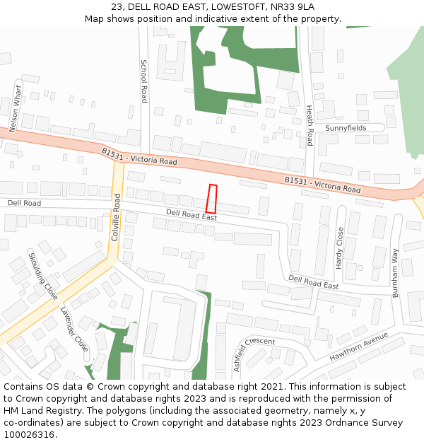 23, DELL ROAD EAST, LOWESTOFT, NR33 9LA: Location map and indicative extent of plot