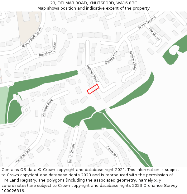 23, DELMAR ROAD, KNUTSFORD, WA16 8BG: Location map and indicative extent of plot