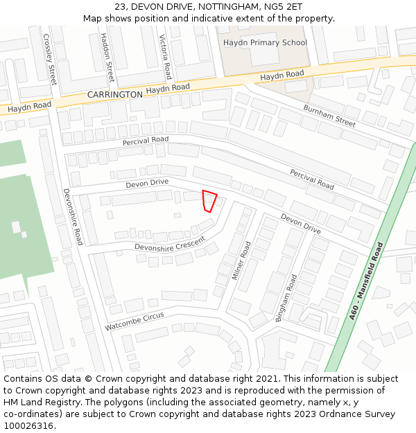 23, DEVON DRIVE, NOTTINGHAM, NG5 2ET: Location map and indicative extent of plot