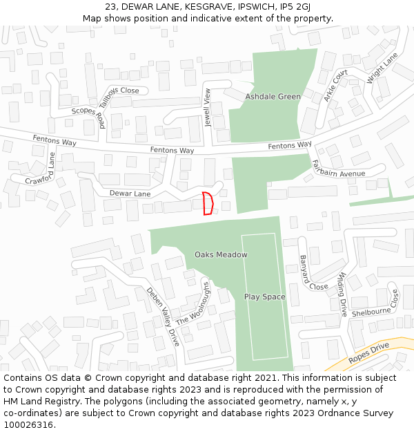 23, DEWAR LANE, KESGRAVE, IPSWICH, IP5 2GJ: Location map and indicative extent of plot
