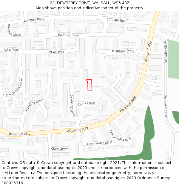 23, DEWBERRY DRIVE, WALSALL, WS5 4RZ: Location map and indicative extent of plot