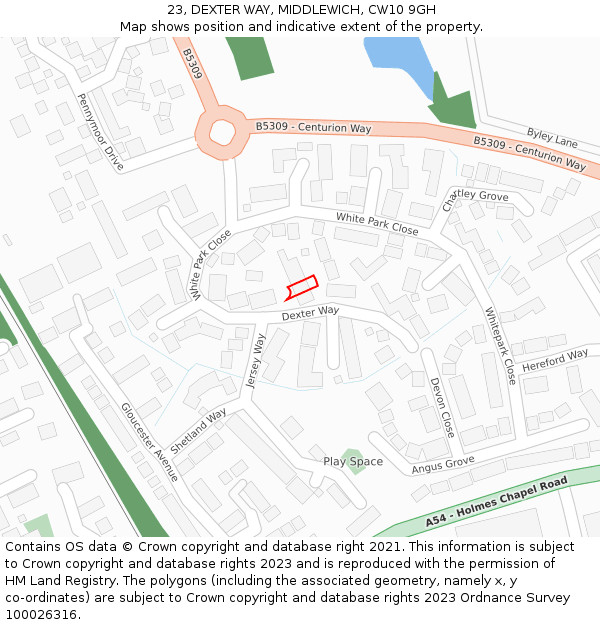 23, DEXTER WAY, MIDDLEWICH, CW10 9GH: Location map and indicative extent of plot