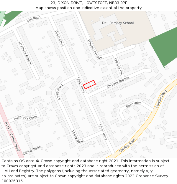 23, DIXON DRIVE, LOWESTOFT, NR33 9PE: Location map and indicative extent of plot