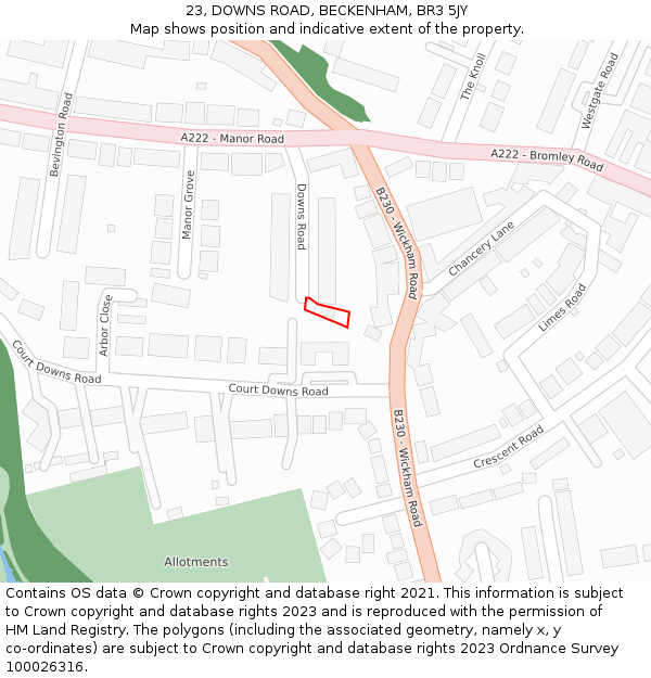 23, DOWNS ROAD, BECKENHAM, BR3 5JY: Location map and indicative extent of plot