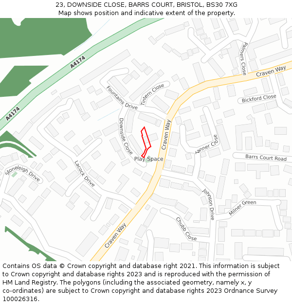 23, DOWNSIDE CLOSE, BARRS COURT, BRISTOL, BS30 7XG: Location map and indicative extent of plot
