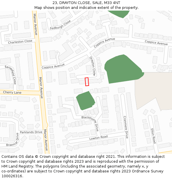 23, DRAYTON CLOSE, SALE, M33 4NT: Location map and indicative extent of plot