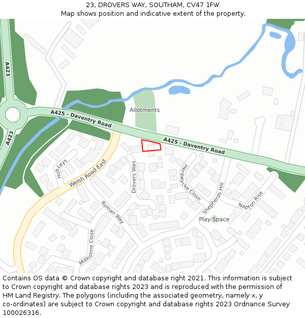 23, DROVERS WAY, SOUTHAM, CV47 1FW: Location map and indicative extent of plot