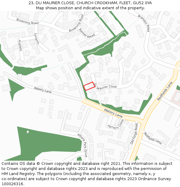 23, DU MAURIER CLOSE, CHURCH CROOKHAM, FLEET, GU52 0YA: Location map and indicative extent of plot
