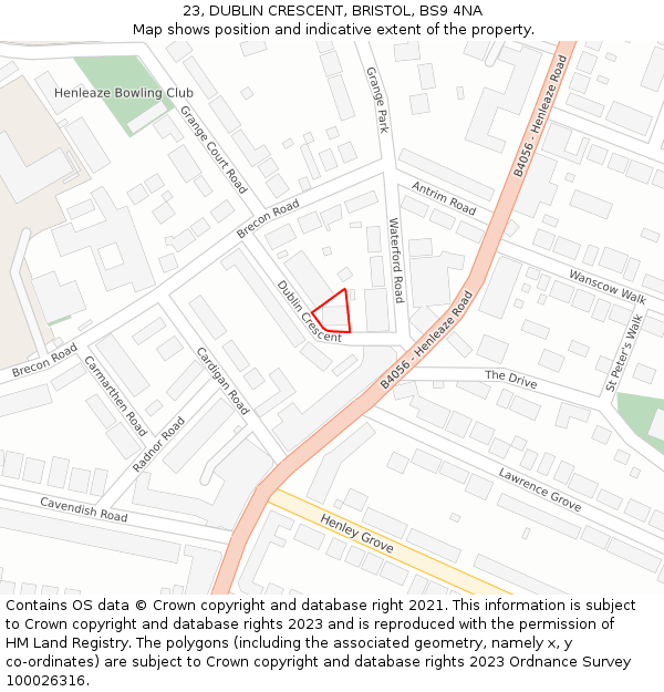 23, DUBLIN CRESCENT, BRISTOL, BS9 4NA: Location map and indicative extent of plot