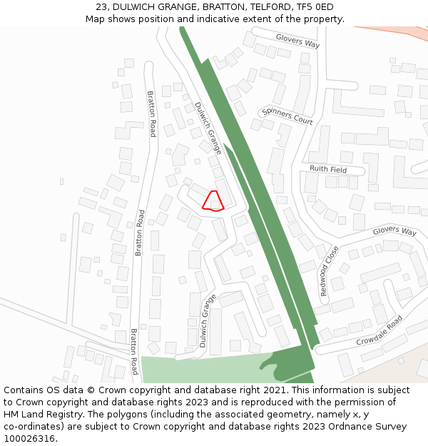 23, DULWICH GRANGE, BRATTON, TELFORD, TF5 0ED: Location map and indicative extent of plot