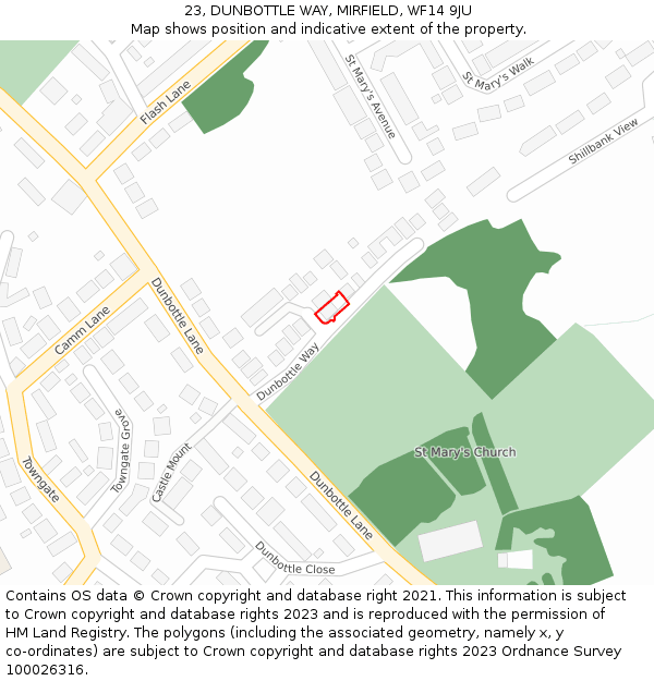 23, DUNBOTTLE WAY, MIRFIELD, WF14 9JU: Location map and indicative extent of plot