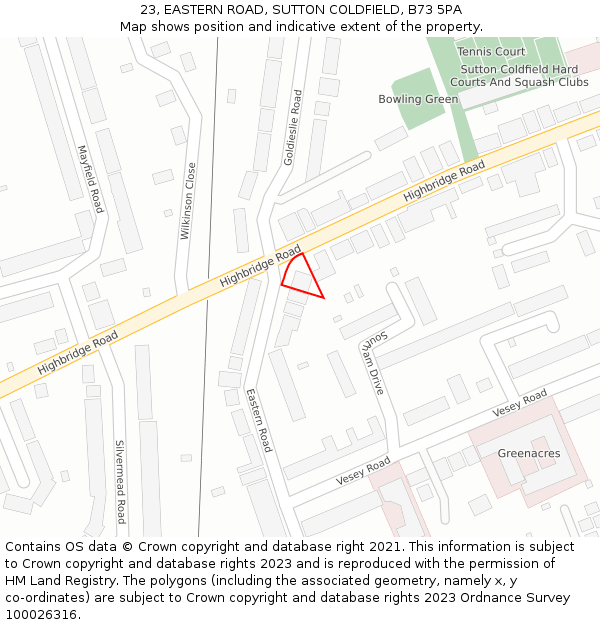 23, EASTERN ROAD, SUTTON COLDFIELD, B73 5PA: Location map and indicative extent of plot